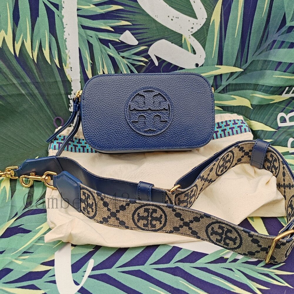 Tory Burch Navy Blue Pebbled Leather Crossbody with Logo Jacquard Strap